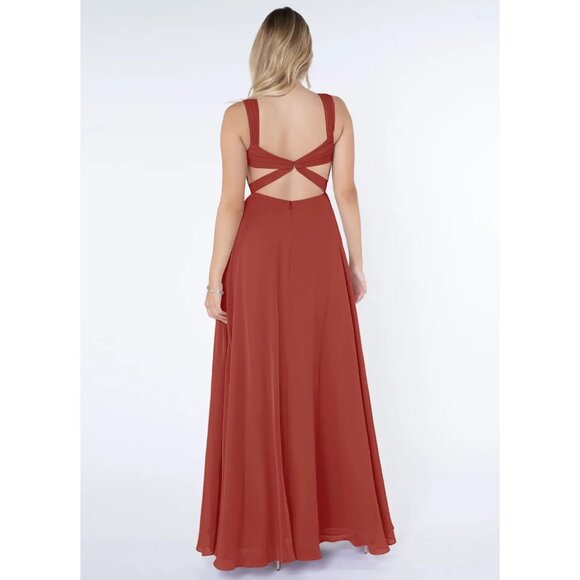 Wedding Guest Rust Sleeveless Evening Gown With Side Slit & Open Back Design - Picture 11 of 13